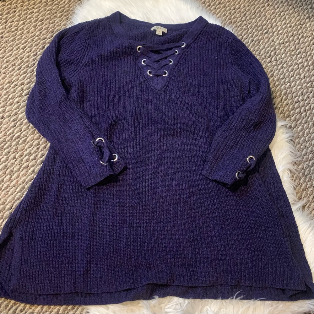 style & co navy blue sweater tie front 90s casual warm Size XL